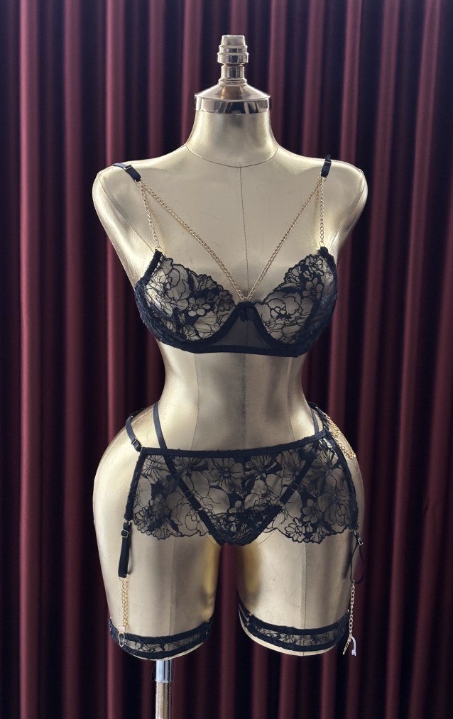 D'Lace Noir Gold Chain Dantel Jartiyer Takımı